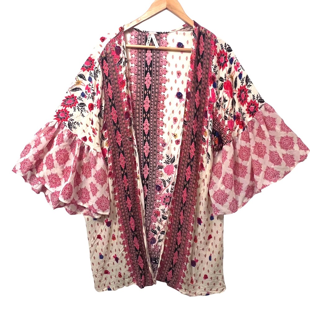 Live‎ 4 Truth Womens Pink Floral Geometric Tiered Bell Sleeve Kimono Cardigan M